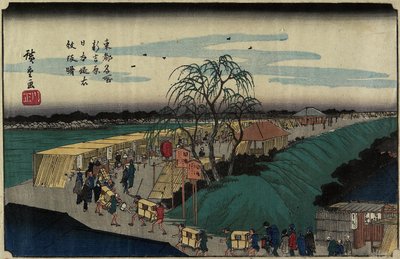 Nihon-zutsumi Bank'taki Emonzaka Tepesi'nde Şafak, Shin-Yoshiwara, c. 1830 by Utagawa Hiroshige