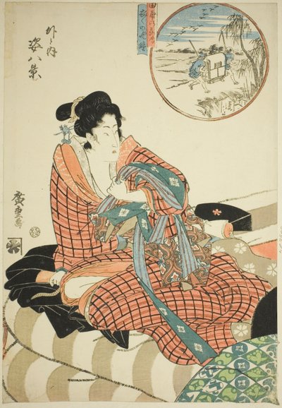 Pirinç Tarlalarında Azalan Kazlar (Tanbo no rakugan) ve Ertesi Sabah Akşam Çanı (Kinuginu no bansho), "İç ve Dış Figürlerin Sekiz Görünümü (Soto to uchi sugata hakkei)" serisinden by Utagawa Hiroshige