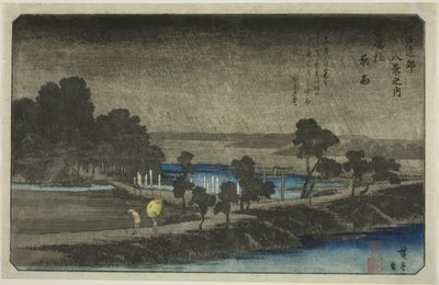 Azuma Tapınağında Akşam Yağmuru (Azuma no mori yau), "Edo Çevresinde Sekiz Manzara (Edo Kinko hakkei no uchi)" serisinden by Utagawa Hiroshige