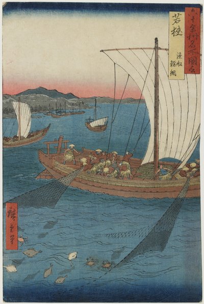 Yassı Balık Ağları ve Balık Tekneleri, Wakasa Eyaleti, Eylül 1853 (renkli tahta baskı) by Utagawa Hiroshige