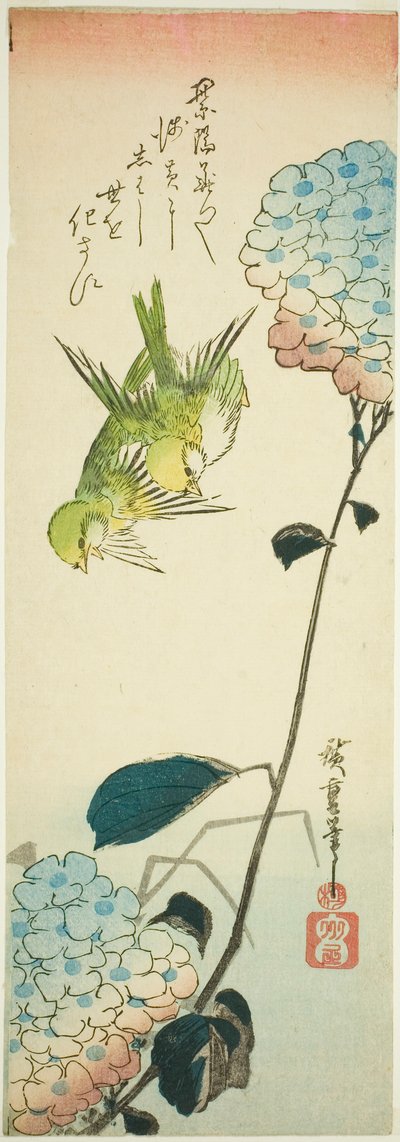 Yeşil kuşlar ve ortancalar by Utagawa Hiroshige