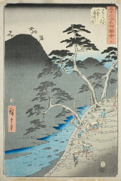 Hakone: Dağlarda Gece Alayı (Hakone, sanchu yagyo no zu), no. Dikey Tokaido olarak da bilinen "Elli Üç İstasyonun Ünlü Manzaraları (Gojusan tsugi meisho zue)" serisinden 11 by Utagawa Hiroshige