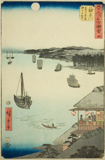 Kanagawa: Tepedeki Çayevlerinden Deniz Manzarası (Kanagawa, dai no chaya kaijo miharashi), no. Dikey Tokaido olarak da bilinen "Elli Üç İstasyonun Ünlü Manzaraları (Gojusan tsugi meisho zue)" serisinden 4 by Utagawa Hiroshige