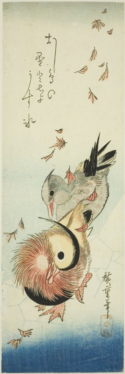 Mandarin ördekleri düşen yapraklar arasında buzlu göleti geçiyor by Utagawa Hiroshige