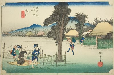 Minakuchi: Kurutulmuş Kabak Talaşı, Yerel Bir Özellik (Minakuchi, meibutsu kanpyo), "Tokaido'nun Elli Üç İstasyonu (Tokaido gojusan tsugi no uchi)" serisinden Hoeido Tokaido olarak da bilinir by Utagawa Hiroshige