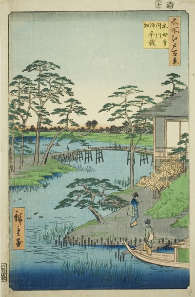Mokubo Tapınağı, Uchigawa Girişi ve Gozensaihata (Mokuboji Uchigawa Gozensaihata), "Edo'nun Yüz Ünlü Manzarası (Meisho Edo hyakkei)" serisinden by Utagawa Hiroshige