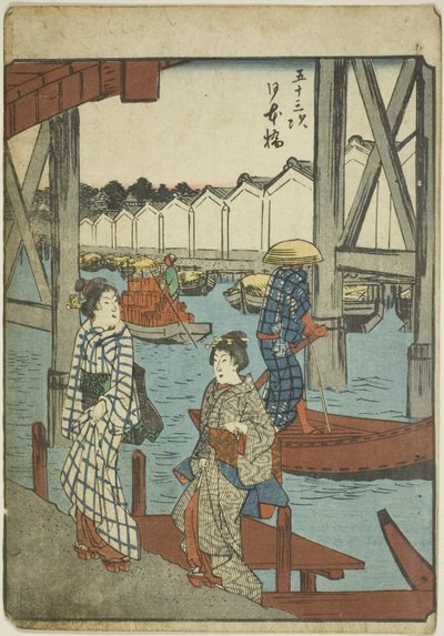 Japan Bri dge (Nihonbashi), serinin kentsel derecesinin "ellinci lee S tachi sesi" nden "(ana dağın yanında)," kaba bir k w s te Şekil Kent Derecesi (Kişi Kent Derecesi) by Utagawa Hiroshige