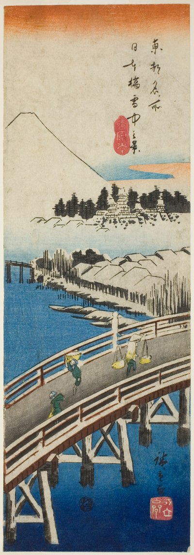 Karda görülen Nihon Köprüsü (Nihonbashi setchu no kei), "Doğu Başkentinde Ünlü Manzaralar (Toto meisho)" dizisinden by Utagawa Hiroshige