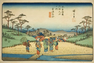 No. 68 (sic; aslında 69): "Kisokaido'nun Altmış Dokuz İstasyonu (Kisokaido rokujukyu tsugi no uchi)" serisinden Kusatsu'daki Kavşak (Kusatsu oiwake) by Utagawa Hiroshige