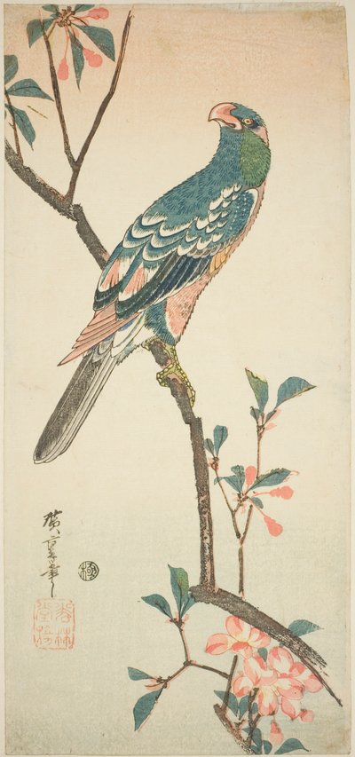 Papağan çiçek açan bir dalda by Utagawa Hiroshige