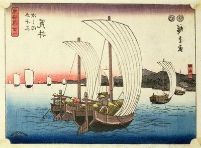 Arai'de yelkenli tekneler, 'Tokaido'nun 53 İstasyonu' serisinden, pub. Hoeido, 1840'ların sonu, (chuban boyutu, yoko-e - yatay format, renkli tahta baskı) by Utagawa Hiroshige