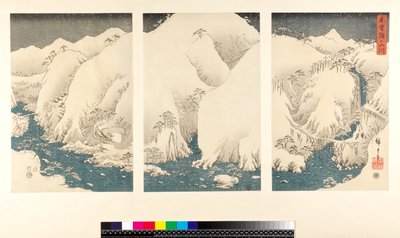 Kiso dağlarında ve nehirlerinde kar fırtınası, (sanmaitsuzuki - triptik, yoko-e - yatay format, renkli tahta baskı) by Utagawa Hiroshige