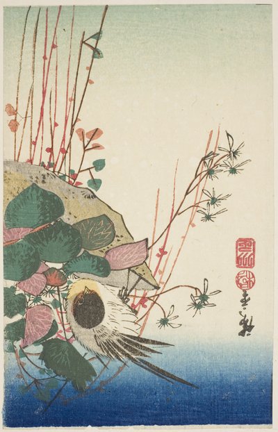 Asılı bir ekici üzerinde serçe by Utagawa Hiroshige