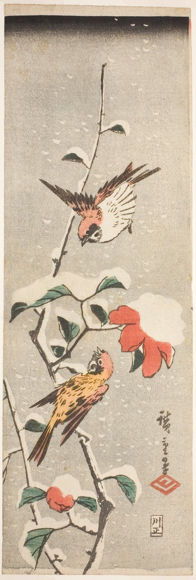 Karda Serçeler ve Kamelya by Utagawa Hiroshige