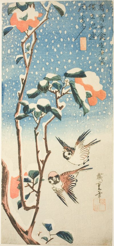 Karda Serçeler ve Kamelya by Utagawa Hiroshige