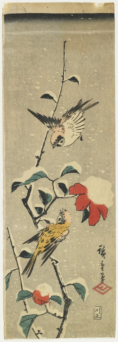 Serçeler ve Karlı Kamelya, 1837-1848 by Utagawa Hiroshige