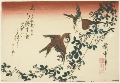 Serçeler ve çalı yonca by Utagawa Hiroshige