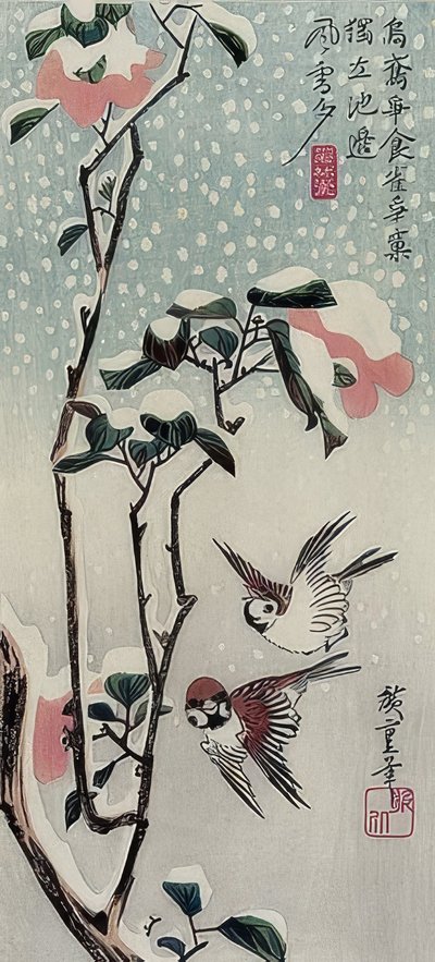 Karda serçeler ve kamelyalar by Utagawa Hiroshige