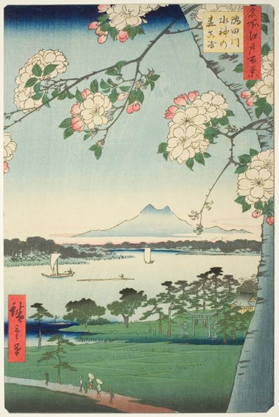 Sumida Nehri üzerindeki Suijin Tapınağı ve Massaki (Sumidagawa Suijin no mori Massaki), "Edo'nun Yüz Ünlü Manzarası (Meisho Edo hyakkei)" serisinden by Utagawa Hiroshige