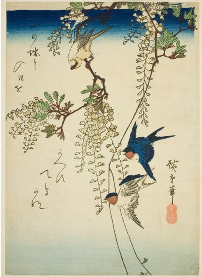 Kırlangıç, sarı kuş ve wisteria by Utagawa Hiroshige