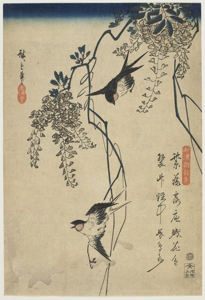 Wisteria Vines Arasında Uçan Kırlangıçlar, 1837-44 (renkli tahta baskı) by Utagawa Hiroshige