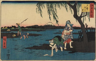 Tamagawa Nehri kıyısındaki köy, Mart 1858 by Utagawa Hiroshige