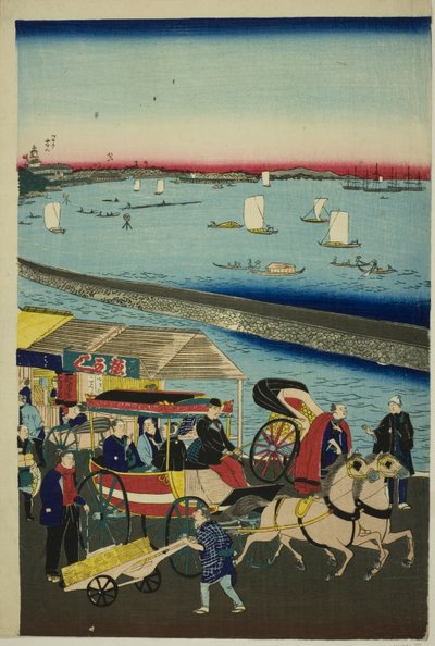 Tokyo, Yatsuyama'daki Buhar Makinesi Demiryolunun resmi (Tokyo Yatsuyama Shita kaigan jokisha tetsudo no zu) by Utagawa Hiroshige III