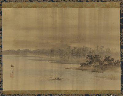 Nehir manzarası ve yağmurda tapınak, Edo dönemi, 19. yüzyıl. by Utagawa Hiroshige II