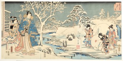 Karlı Bir Bahçede Bir Doğu Genji, 1854 (tahta blok) by Utagawa Hiroshige and Kunisada