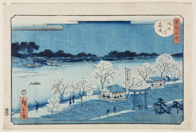 Sumida Nehri üzerindeki Mimeguri Seti (Sumidagawa Mimeguri tsutsumi) (renkli tahta baskı) by Utagawa II Hiroshige