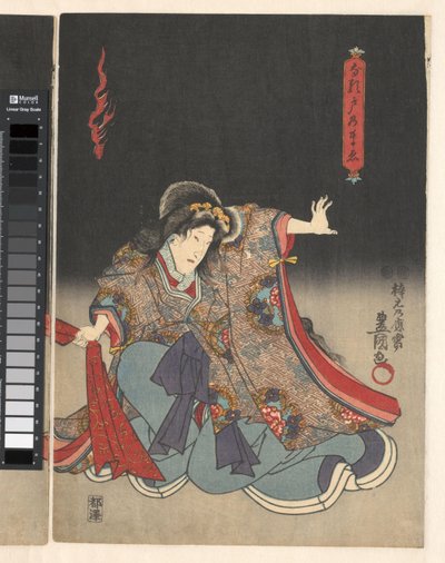 Kırmızı bir bez çeken bir kadın olarak aktör by Utagawa Kunisada (I)