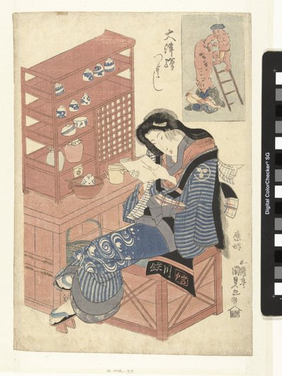 Çayevi garsonu bir mektup okuyor by Utagawa Kunisada (I)