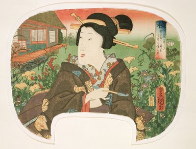 Sonbahar, Hanayashiki: Pipolu bir geyşa, mevsimleri gösteren dörtlü setten bir yelpaze için tasarım, 1858-60 (tahta baskı) by Utagawa Kunisada