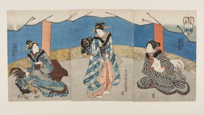 Horoz dövüşü sırasındaki güzeller (Bijin Toriaiu) (renkli tahta baskı) by Utagawa Kunisada
