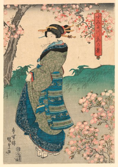 Sumida Nehri kıyısında Kiraz Çiçeklerini inceleyen kadın (Sumidagawa hana no kei) by Utagawa Kunisada