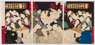 Sumo güreşçilerinin savaşı. Estampe de Utagawa Kuniteru (1808-1876) - Sumo güreşçileri, Kuniteru, Utagawa (1808-1876). Renkli gravür. Özel koleksiyon by Utagawa Kuniteru