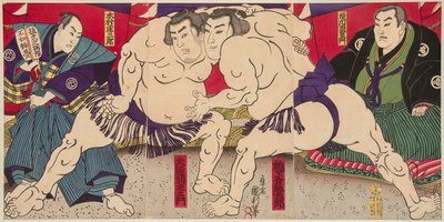 Savaş des lutteurs de sumo Umegatani Rodachi ve Kimura Shonosuke Estampe de Utagawa Kunitoshi (1847-1899), vers 1885 -- Güreş maçı Umegatani Rodachi - Kimura Shonosuke, yazan Kunitoshi, Utagawa (1847-1899). Renkli gravür, yaklaşık 1885. Boyut : 38x72,5 by Utagawa Kunitoshi