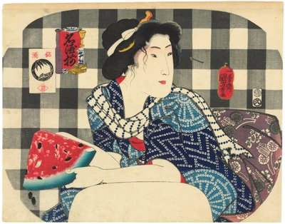 Sake Ünlü Markaları (Meishu zoroi) dizisinden bir dilim karpuz tutan bir kadın by Utagawa Kuniyoshi