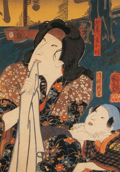 Aktör, Utagawa Kuniyoshi, ahşap baskı, çocuğun yanında dalgın poz veriyor by Utagawa Kuniyoshi