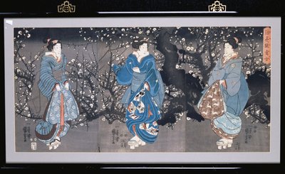 Üç Bijin ile bir Gece Sahnesini betimleyen bir oban triptik by Utagawa Kuniyoshi
