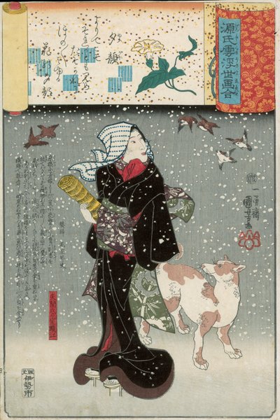 Genji mitate serisinden karda bir köpekle Bijin by Utagawa Kuniyoshi