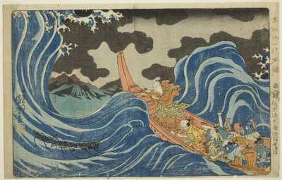 Casting a Mantra on the Waves at Kakuta on His Exile to Sado Island (Sashu rukei Kakuta nami daimoku), from the series "Concise Illustrated Biography of the Great Priest [Nichiren] (Koso go ichidai ryakuzu)" by Utagawa Kuniyoshi