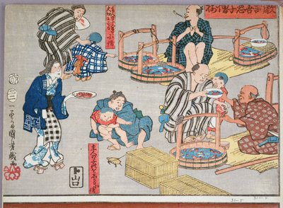 Shopboylar için ahlaki öğretim, iyi ve kötü davranış örnekleri vermek, 1857 (renkli tahta baskı) by Utagawa Kuniyoshi