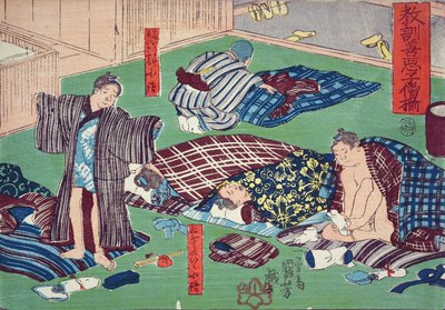 Shopboylar için ahlaki öğretim, iyi ve kötü davranış örnekleri vermek, 1857 (renkli tahta baskı) by Utagawa Kuniyoshi