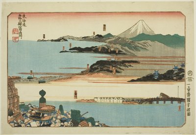 Nihonbashi, Shinagawa, Kawasaki ve Kanagawa, "Tokaido'nun Elli Üç İstasyonundaki Ünlü Yerler, Dört İstasyon (Tokaido gojusan eki yonshuku meisho)" dizisinden by Utagawa Kuniyoshi