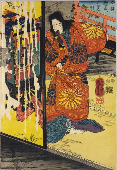 Imayo Teruuji furudera no kozu başlıklı renkli tahta blok üç parçalı baskının bir parçası by Utagawa Kuniyoshi