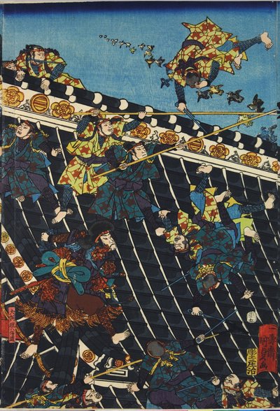 Hōryukaku shō no zu başlıklı renkli tahta baskılı üç parçadan bir levha, Takizawa Bakin