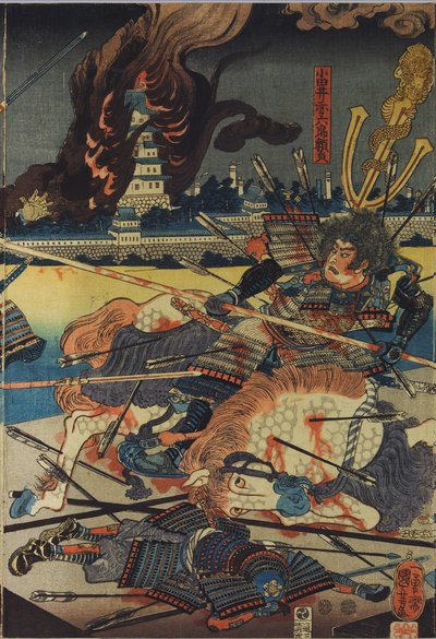 Shinshū Odai kassen no zu (Shinano Eyaletindeki Odai Muharebesi) başlıklı renkli tahta baskılı üç parçadan bir levha, Odai Akarokurō Yorisada'nın arka planda şatosu yanarken üç adama mızrak attığını tasvir ediyor: Japonya, Edo, Utagawa Kuniyoshi by Utagawa Kuniyoshi