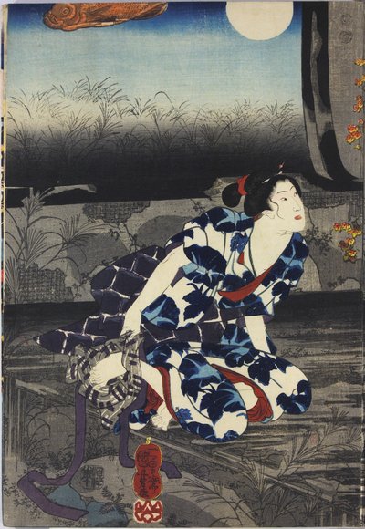 Imayo Teru-uji furudera no kozu (Eski Bir Tapınakta Eski Bir Resimde Güncel Teruuji) başlıklı renkli tahta blok üç parçalı baskıdan bir levha, ay ışığında harap olmuş bir tapınaktaki bir sahneyi, yırtık ve soyulmuş fusuma ile tasvir ediyor, Teru- uji bir h by Utagawa Kuniyoshi