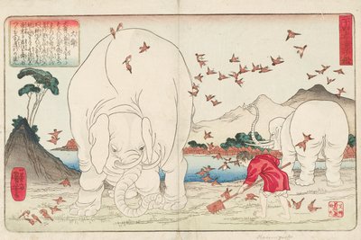 Filler ve bir serçe sürüsü yardımıyla tarla çapalayan Taishun, imzalı Ichiyusai Kuniyoshi ga, 1843 (renkli tahta baskı) by Utagawa Kuniyoshi